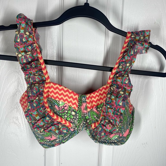 Maaji Peacock Ruffle Bikini Top Green Pink Womens Size XL - Picture 3 of 6